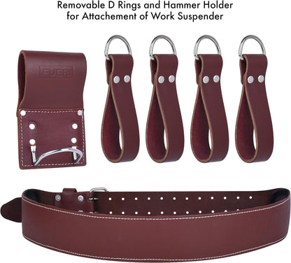 FUERI Leather Tool Belt 17 Pocket Pouches Bags Men Suspenders Holder Organizer for Carpenter Construction Electrician - Maroon