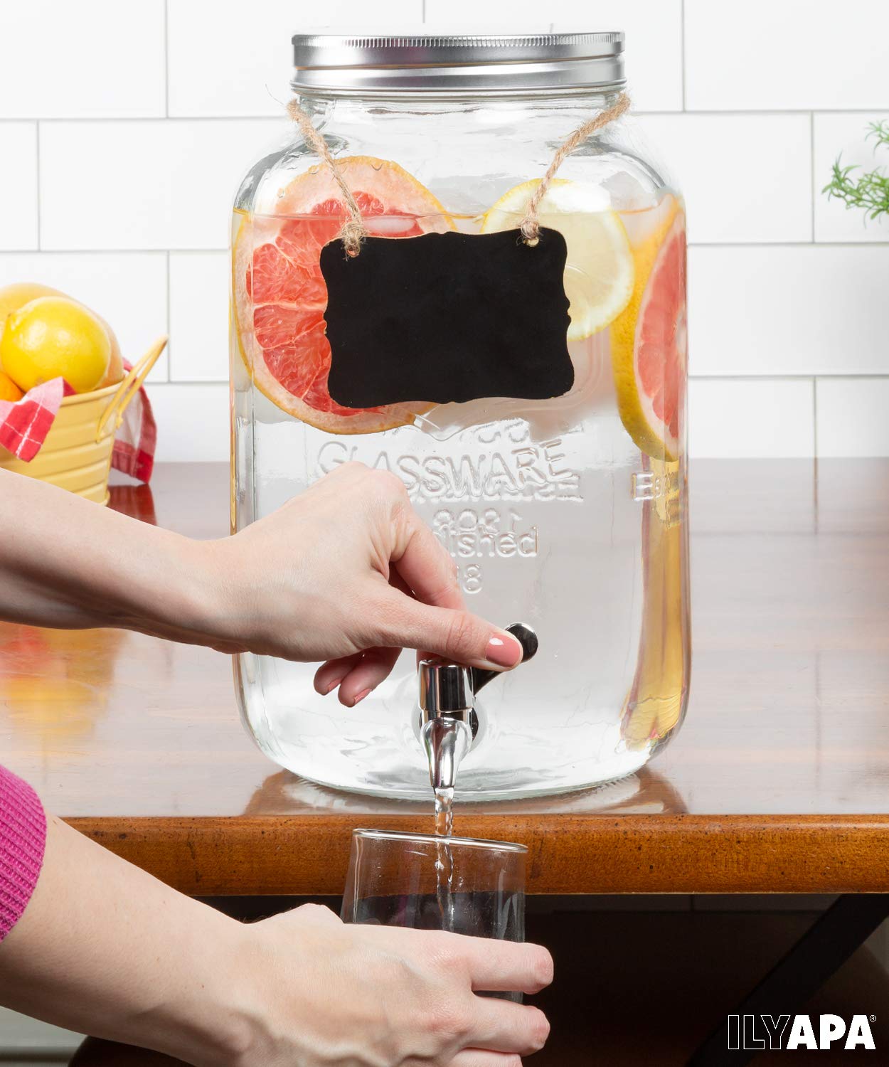Ilyapa 2 Gallon Drink Dispenser - Wide Mouth Glass Drink Dispenser - 100% Leak Proof Stainless Steel Spigot with Glass Flip Top Lid, for Any Event