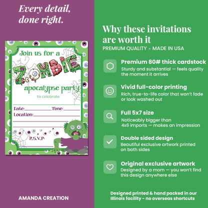 Zombie Apocalypse Halloween Birthday Party Invitations, 20 5x7 Fill In Cards with Twenty White Envelopes by AmandaCreation