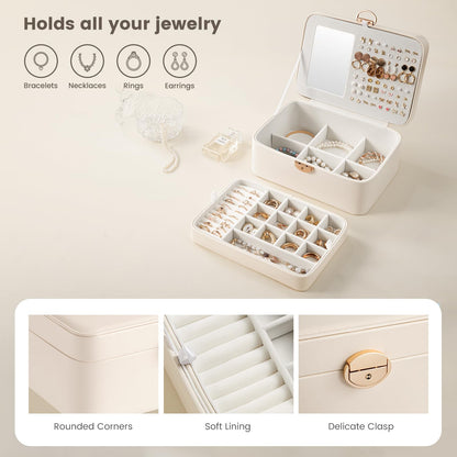 Lolalet 2 Layer Jewelry Box with Lock and Key for Teen Girls & Young Women, Jewelry Organizer Case with Round Clasp and Mirror for Earrings Rings Necklaces Storage, Gift Idea -Cloud White