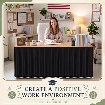 Tudomro Teacher Table Skirt Ruffled Teacher Desk Tablecloth 72" x 30" Ruffle Desk Skirt for School Classroom Office Rectangle Round Table Cover Dessert Decor(Tassel,6ft,Black)