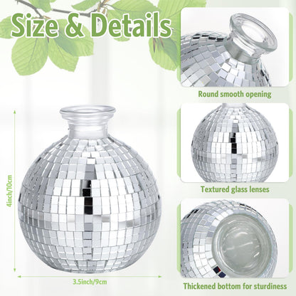 Layhit 12 Pcs Disco Ball Vase for Flower and Plant 4 Inch Small Glass Vase Silver Mirror Mini Disco Ball Planter for Indoor Outdoor Wedding Birthday Home Bedroom Kitchen Office Decoration