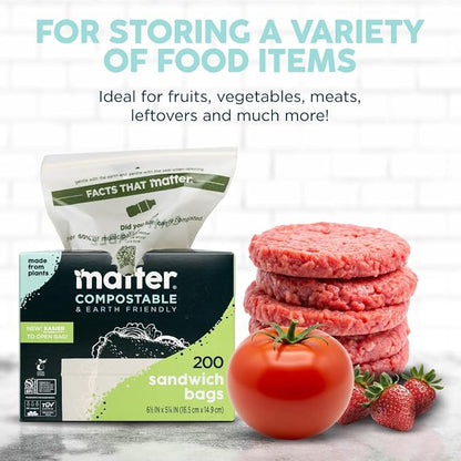 Matter Compostable Sandwich Bags for Food Storage, Eco-Friendly, Resealable, 200 Count
