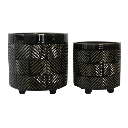Set of 2 Ceramic Decorative Footed Planter Pot – Outdoor & Indoor Plant Pot with Embossed Textured Finish – Elegant and Modern Garden & Home Decor Ceramic Planters – 7" & 8", Black