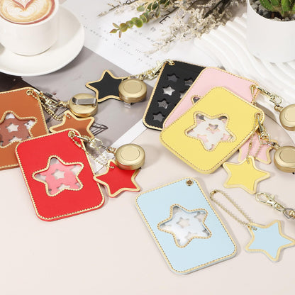 PATIKIL Retractable Badge Holders, 2 Pcs Cute Leather ID Holder with Badge Reels Keychain ID Card Clip Protector Cover for Women Work Office Business Trip, Pink/Light Blue