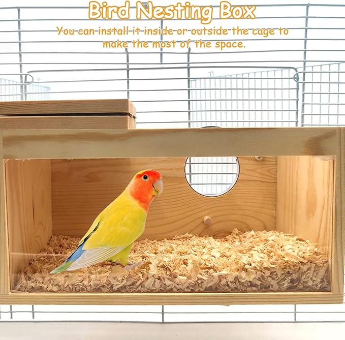 PINVNBY Natural Wood Parakeet Nesting Box Budgie Breeding Box Acrylic Bird Nest for Cage Transparent Panoramic for Parrots, Cockatiels, Lovebirds, Canaries, and Small Birds (M: 9.8 x 5.3 x 5.3 inch)