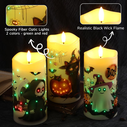 Eywamage Fiber Optic Halloween Flameless Candles with Remote, Flickering Battery Operated LED Pillar Candles Set of 3