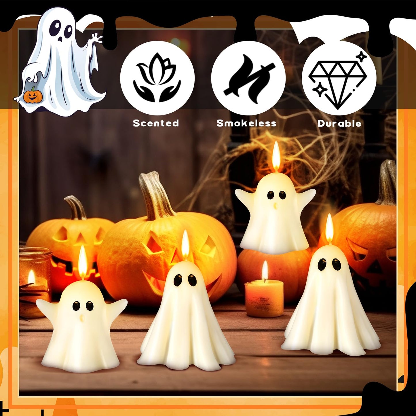 Conelist 6 Pieces Halloween Large Ghost Candles White Spooky Scented Halloween Candles Horror Gifts Candle Tea Lights Goth Room Decor for Summer Dining Table Party Bedroom(Cute Style,White)
