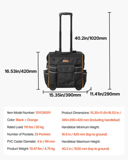 VEVOR 15" Rolling Tool Bag, 110 lbs Load Capacity, 25 Pockets Heavy Duty Roller Tool Bag on Wheels, Adjustable Telescoping Handle & Stable Base, Toolbag Organizers w/Wheels for Construction, Mechanic