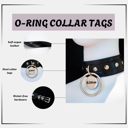 ADEMISHIA Black O-ring Leather Choker Collar for Women, Gothic Punk Style Adjustable Choker Necklace with Rivets and Engraved Letters Steel Tag