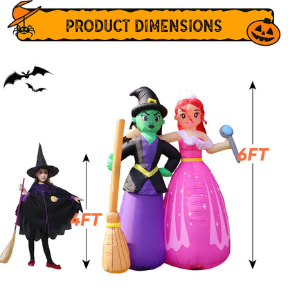 6FT Halloween Inflatable Witch Sisters with Magic Wand and Broom, Holiday Outdoor Blow Up Decorations Built-in LEDs for Halloween Party Supplies, Yard Indoor Garden Lawn Patio