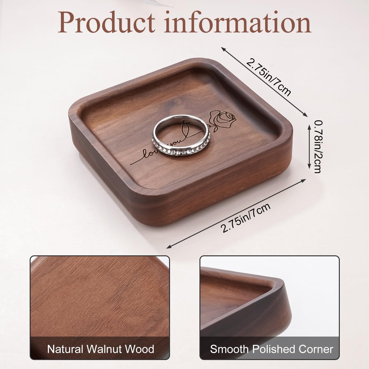 SOITIS Walnut Wooden Ring Tray Wedding Ring Dish Engagement Jewelry Dish for Couples Gift for Anniversary Christmas Birthday-Square