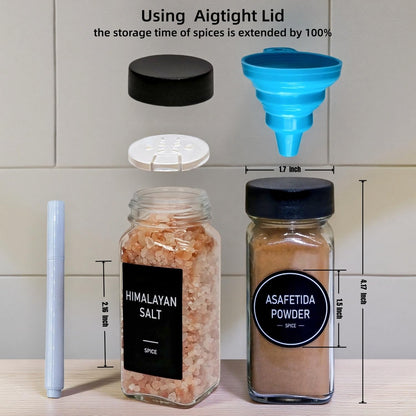 MISTGLAS Spice Jars with Labels - 24 Glass Spice with Shaker Lids & Airtight Plastic Caps - 4oz Complete Seasoning Containers Organizer Set for Cabinet, Drawer & Rack (Black)