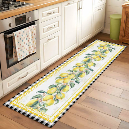 2'x6' Runner Rug, Yellow Lemon Washable Non-Slip Area Rugs for Hallway Kitchen Floor Bedroom Entryway, Summer Botanical Black White Plaid Pastoral StainResistant Laundry Carpet Decoration Indoor Mat