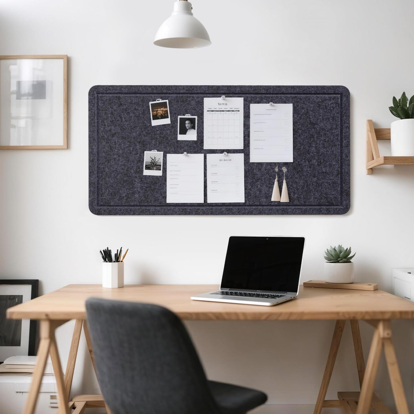 Lightomorrow Bulletin Board, 35 x 17 1/2 inches Felt Board - Decorative Pin Board, Cork Board Alternative for Wall, Foldable Self-Adhesive Vision Board Prayer Board with 20 Pushpins Dark Gray