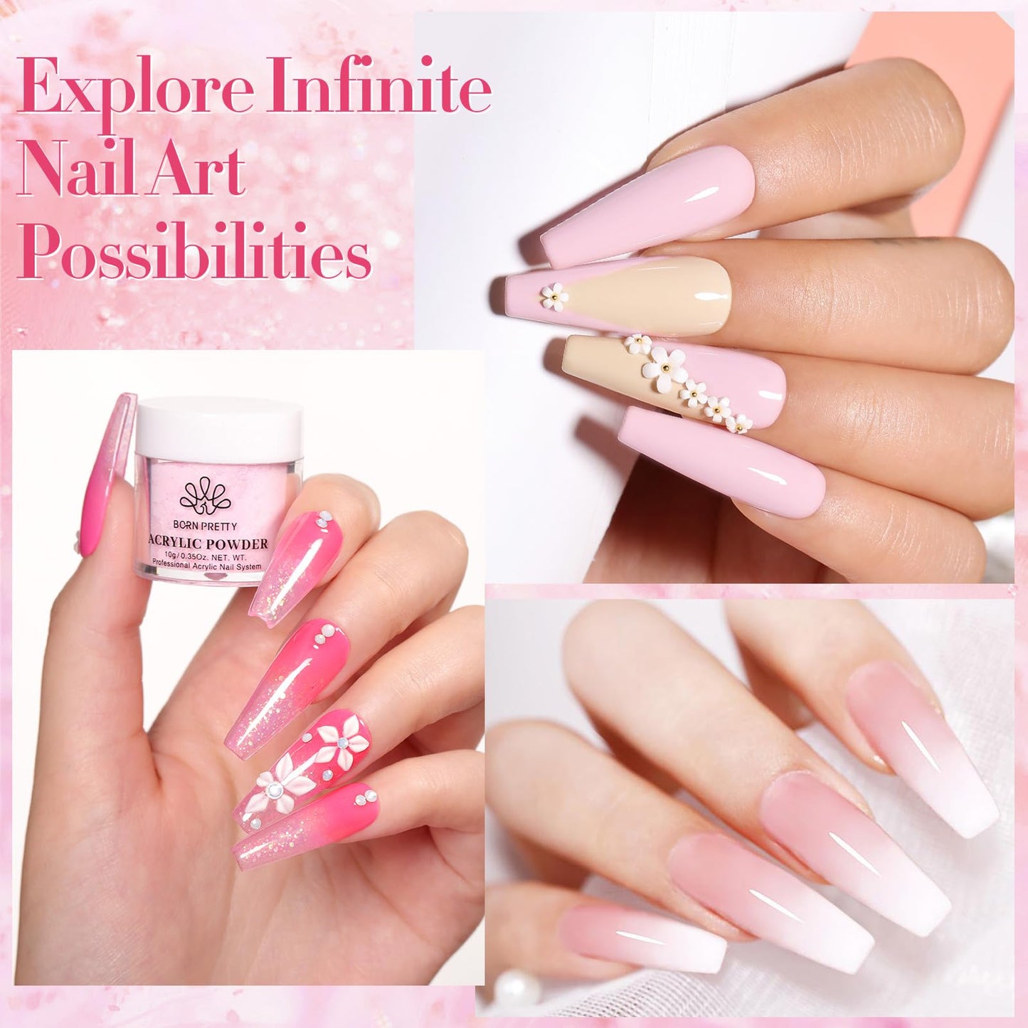 BORN PRETTY Acrylic Nail Kit - Acrylic Powder (Clear, White, Pink) & Liquid Set with Nail Forms, Brush Pen, File & Glass Container - Beginner Friendly