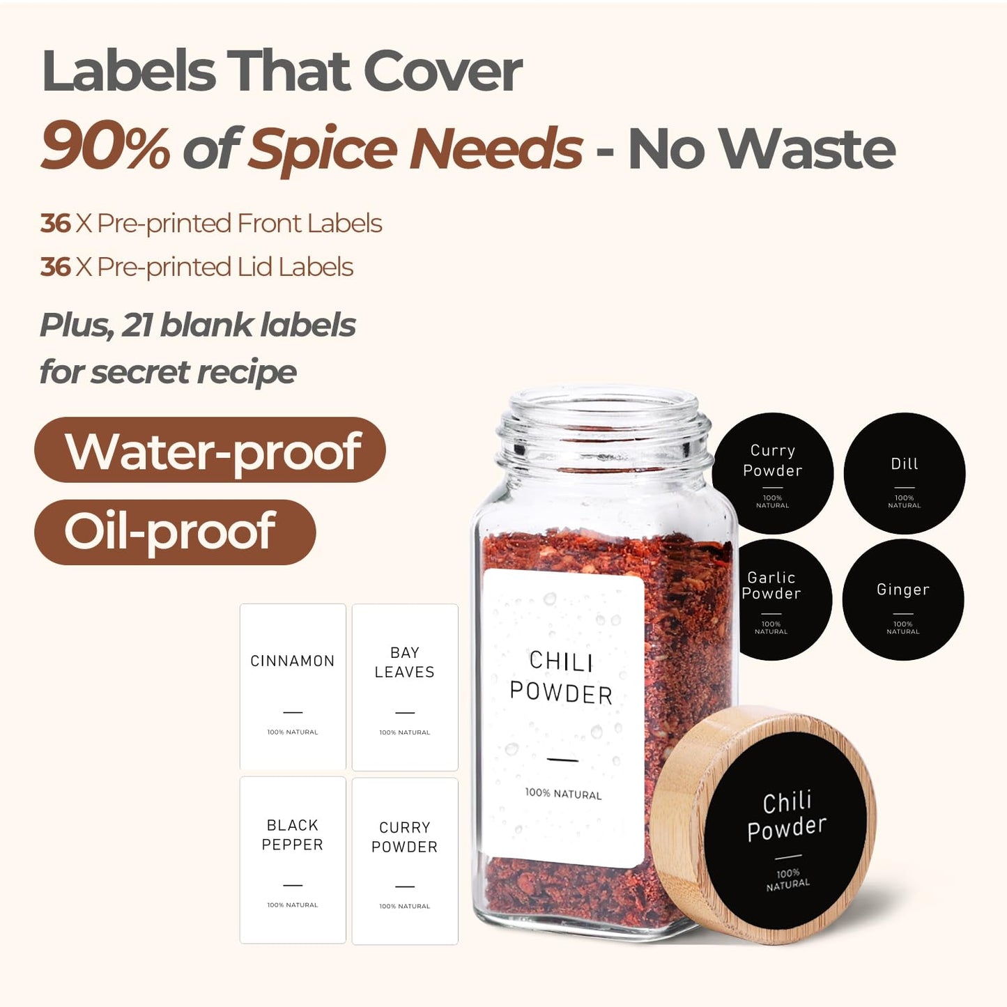 ComSaf Aesthetic Minimalist Spice Jars Set, 4 oz 24Pcs Glass Spice Containers with Labels, Bamboo Lids, 6 Extra Shaker Inserts, 93 Labels, Metal Funnel, Square Jars for Pantry Organization