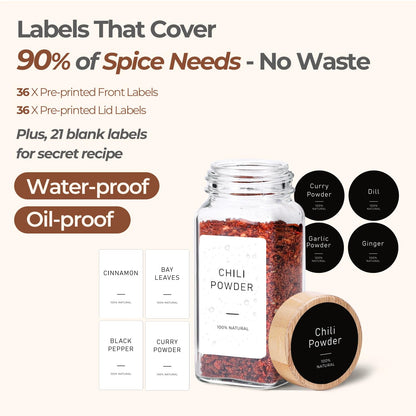ComSaf Aesthetic Minimalist Spice Jars Set, 4 oz 24Pcs Glass Spice Containers with Labels, Bamboo Lids, 6 Extra Shaker Inserts, 93 Labels, Metal Funnel, Square Jars for Pantry Organization