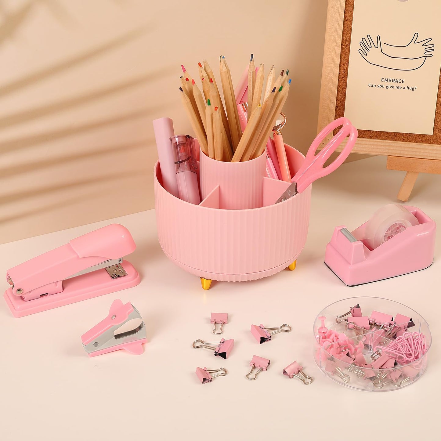 SKYDUE Pink Office Supplies Set, Pencil Holder for Desk,Gel Pen, Stapler, Tape Dispenser, Scissors,Clips and 1000pcs Staples, Office Decor for Women, Pink Desk Accessories