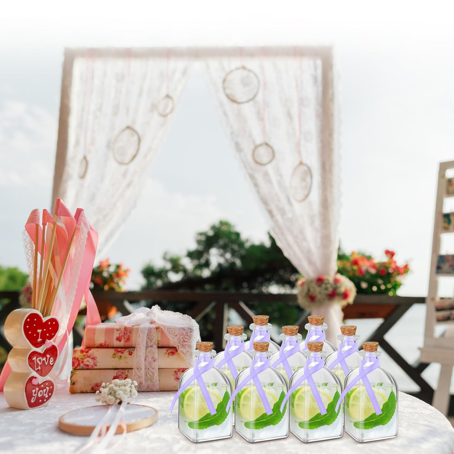 Baderke 12 Pcs Glass Bottles with Cork and Straw 4 oz Mini Empty Glass Bottle for Drinks Reusable Liquor Bottles with Silk Ribbon and Funnels for Cocktail, Wedding Party(Purple)