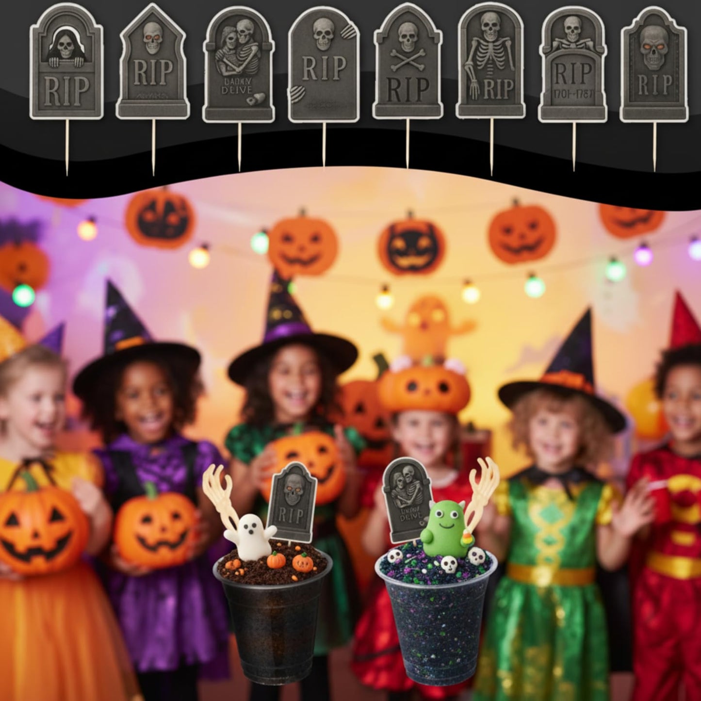 Honeydak 48 Set DIY Halloween Dirt Cups for Party Halloween Skeleton Hand Decorations Graveyard Tombstone Cake Toppers with Horror Zombie Hands Plastic Dessert Cups for Ghost Party(9 oz,Zombie Hands)