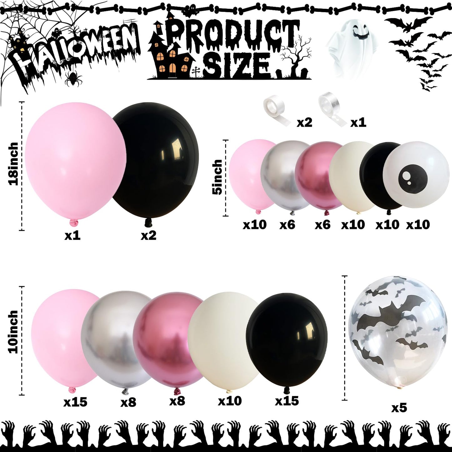 Halloween Balloon Arch Garland Kit, 129Pcs Black Spider White Eyes Bats Pink Metallic Silver Red Latex Balloons with Ghost Explosion Star Foil Balloons for Spooky Halloween Party Outdoor Decorations