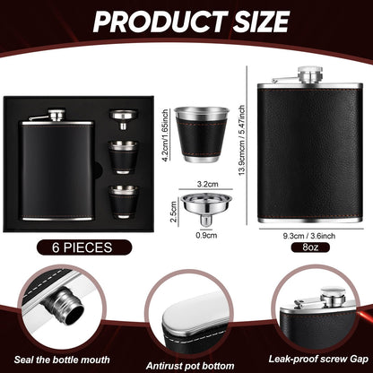 Domensi 6 Set Hip Flask Gift Set Flask for Liquor for Men with Black Leather Cover 8 oz Hip Flask Set 18/8 Stainless Steel Hip Flasks with 2 Cups & Funnel for Men Gift Box, Camping, Wedding Party