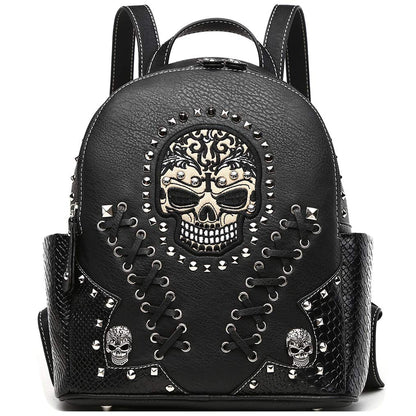 Cowgirl Trendy Sugar Skull Punk Art Rivet Stud Biker Purse Women Fashion Backpack Python Daypack Shoulder Bag Wallet Set (Black Set)