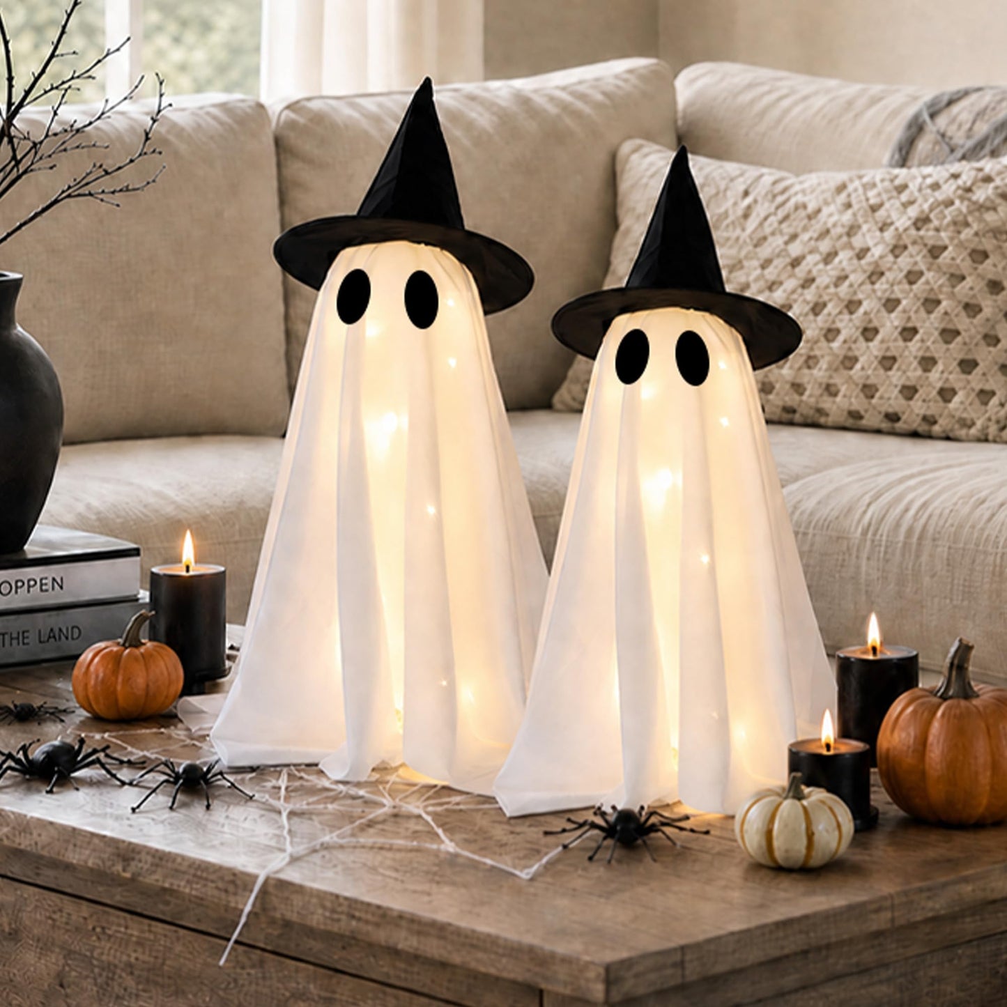 Halloween Decorations-Set of 2 Light-Up Ghosts with Witch Hats, Ghost Table Centerpiece-Spooky Tabletop Decor for Mantel Dining Table Party Indoor Home Decor