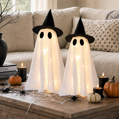 Halloween Decorations-Set of 2 Light-Up Ghosts with Witch Hats, Ghost Table Centerpiece-Spooky Tabletop Decor for Mantel Dining Table Party Indoor Home Decor