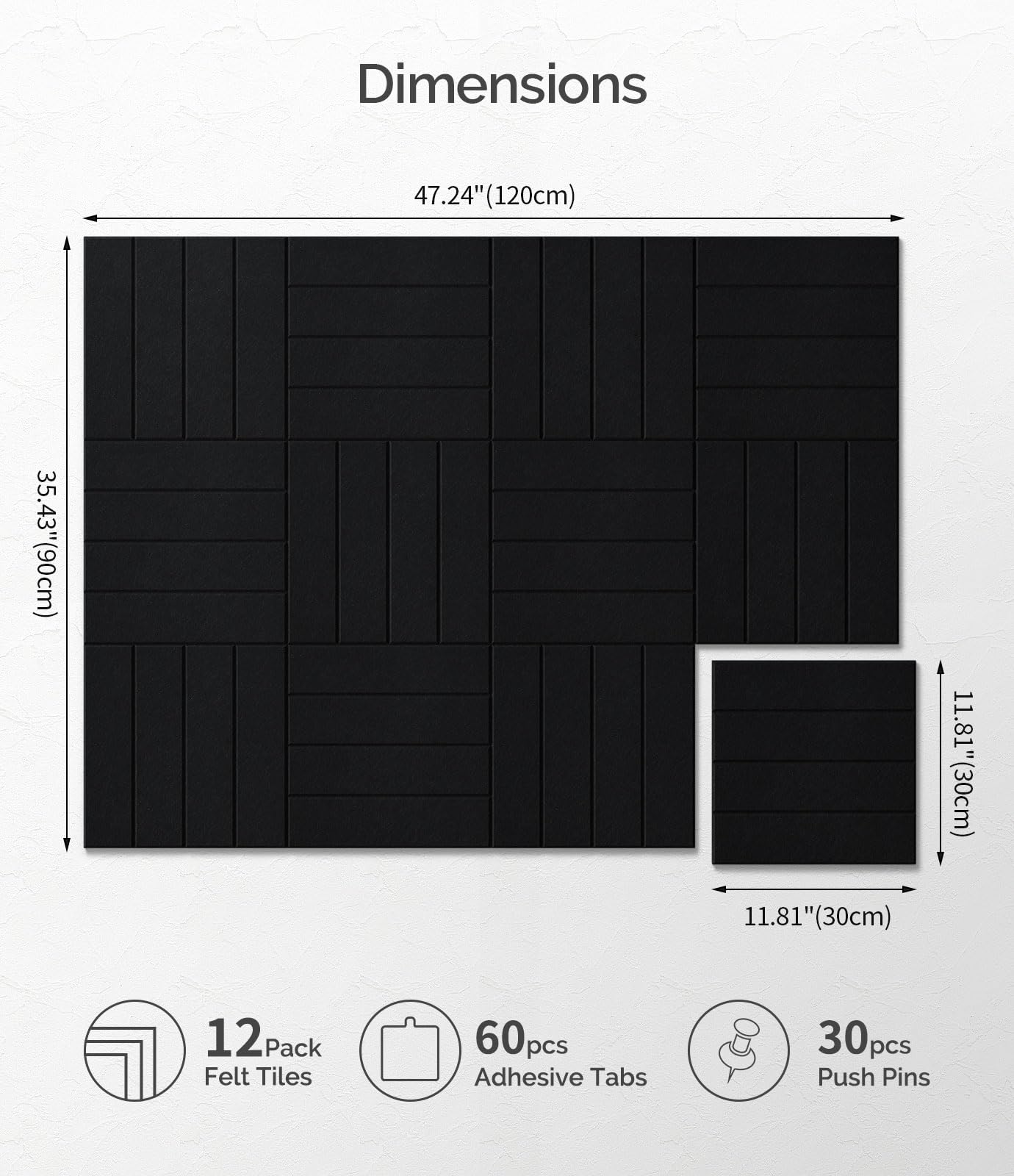 Bounmer Large Cork Board Alternative 48“ x 36”, 12-Pack Felt Bulletin Board Tiles with 60 Safe Removable Adhesive Tabs & 30 Pushpins, Cork Boards for Office Walls Decor (Black)