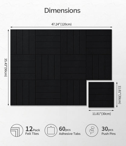 Bounmer Large Cork Board Alternative 48“ x 36”, 12-Pack Felt Bulletin Board Tiles with 60 Safe Removable Adhesive Tabs & 30 Pushpins, Cork Boards for Office Walls Decor (Black)