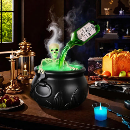 Halloween Decorations Indoor - Skeleton Cauldron Running Water Decor with Magic Floating Potion Bottles and Diffuser - Black Plastic Witches Bowl Summerween Decoration for Spooky Home Table (Set)