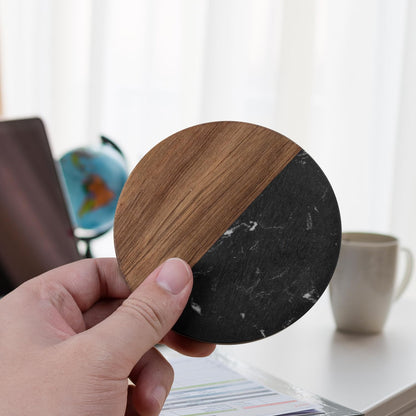 Marble Coasters: 4-Piece Set of Acacia Wood Marble Coasters, Suitable for Kitchens, Offices, and can be Used as Gifts (Black Round)