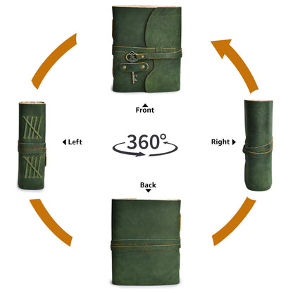 LEATHER VILLAGE Vintage Leather Journal – 200 Handmade Vintage Deckle Edge Paper – Leather bound Journal For Women Men – Vintage Key Closure - Book of Shadows - Green - 8X6 inches (A5)