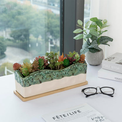 MyGift 13 Inch Large Rectangular Succulent Planter, Decorative Seafoam Green Glazed Beige Ceramic Indoor Plant Container Pot with Removable Bamboo Tray