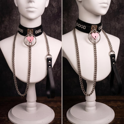 ADEMISHIA Pink Padlock O-ring Leather Choker and Leash Set, Punk Gothic Grunge Emo Necklace For Women, Soft Vegan Leather Collar with Durable Aluminum Chain Leash