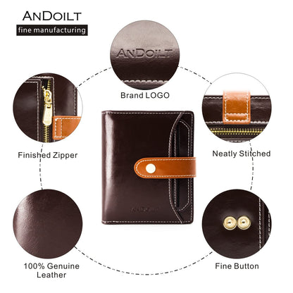 ANDOILT Wallets for Women Genuine Leather Small Bifold Wallet RFID Blocking Card Case Purse with ID Window Coin Pocket Coffee