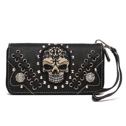Cowgirl Trendy Sugar Skull Punk Art Rivet Stud Biker Purse Women Fashion Backpack Python Daypack Shoulder Bag Wallet Set (Black Set)