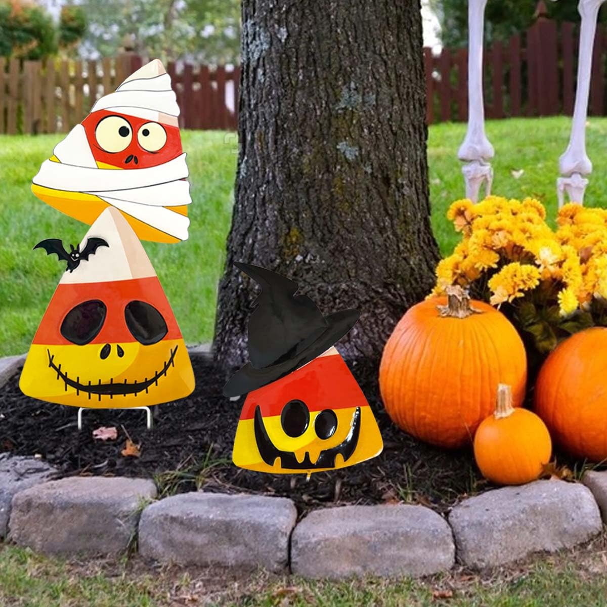 SMATOLS 3 Packs Halloween Garden Stakes, Stacked Metal Candy Corn Lawn Decor, Halloween Decorative 3D Yard Signs Stake for Outdoor Front Garden Pathway Decorations