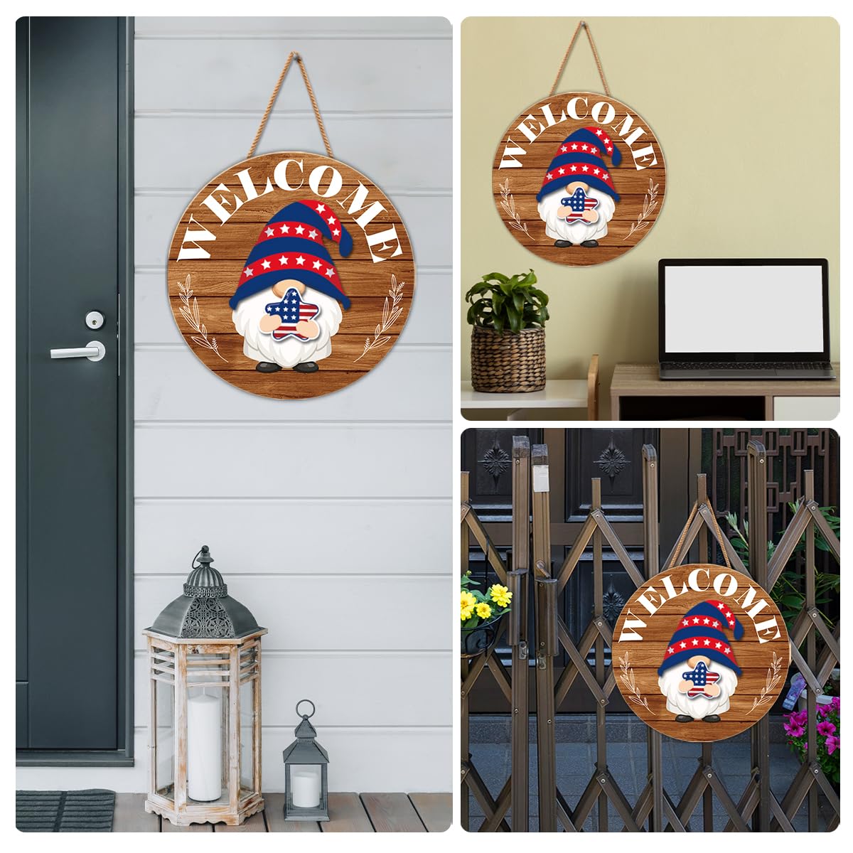 Interchangeable Gnome Welcome Sign Summer Patriotic 4th of July Porch Decor, Changeable Wooden Gnomes Front Door Decoration Wreath Hanger for Spring Fall Winter All Seasons Holiday, Russety
