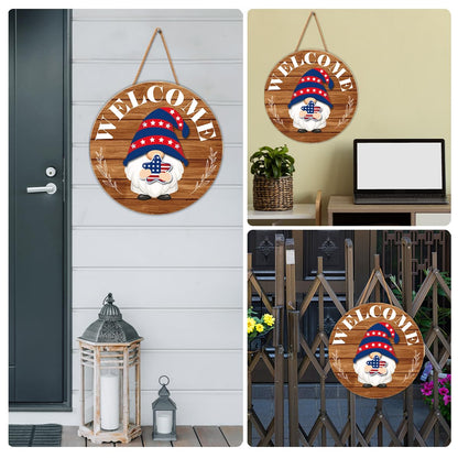 Interchangeable Gnome Welcome Sign Summer Patriotic 4th of July Porch Decor, Changeable Wooden Gnomes Front Door Decoration Wreath Hanger for Spring Fall Winter All Seasons Holiday, Russety