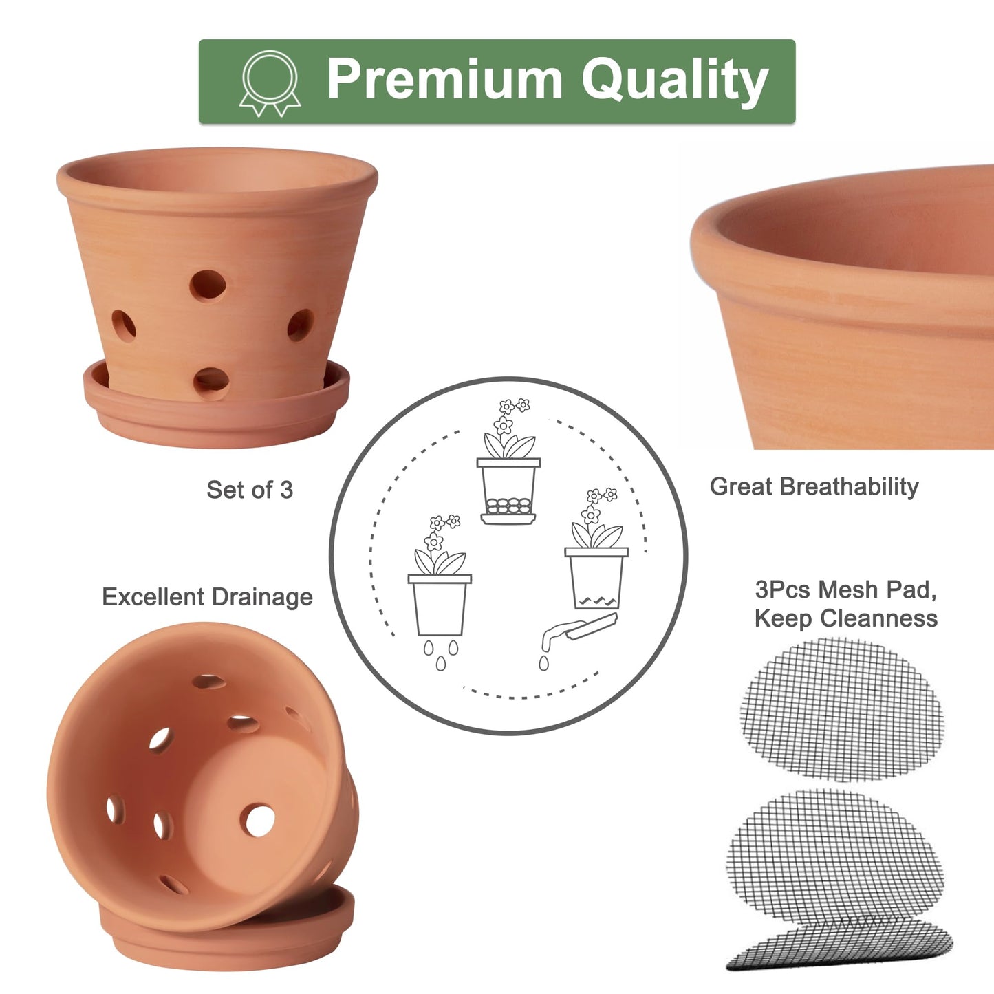 6 Inch Terracotta Orchid Pots with Holes, Saucers - 3 Pack Clay Orchid Planter Pots for Repotting, Small Terra Cotta Pot, Indoor & Outdoor, Promotes Air Circulation