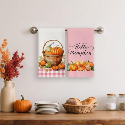 Hluvibbi Hello Pumpkin Fall Kitchen Towels Decor Set of 2,Pink Plaid Autumn Dish Towels 17"x27",Farmhouse Indoor Thanksgiving Halloween Seasonal Home Decorations Cute Hand Towels