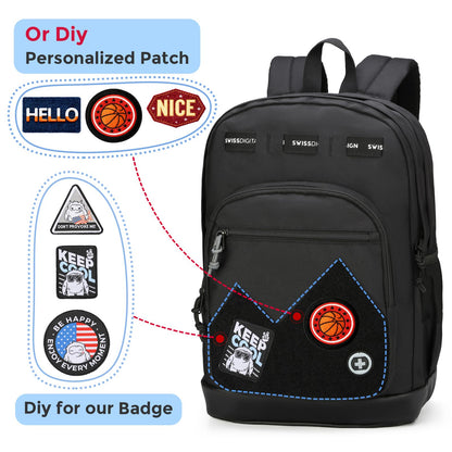 Swissdigital Design Big Student Laptop Backpack with Fun Personalized Patches For College Boy & Girl, Middle High School Teen Bookbag Cool Travel Daypack Black- Includes 3 Patches | SD1718-01