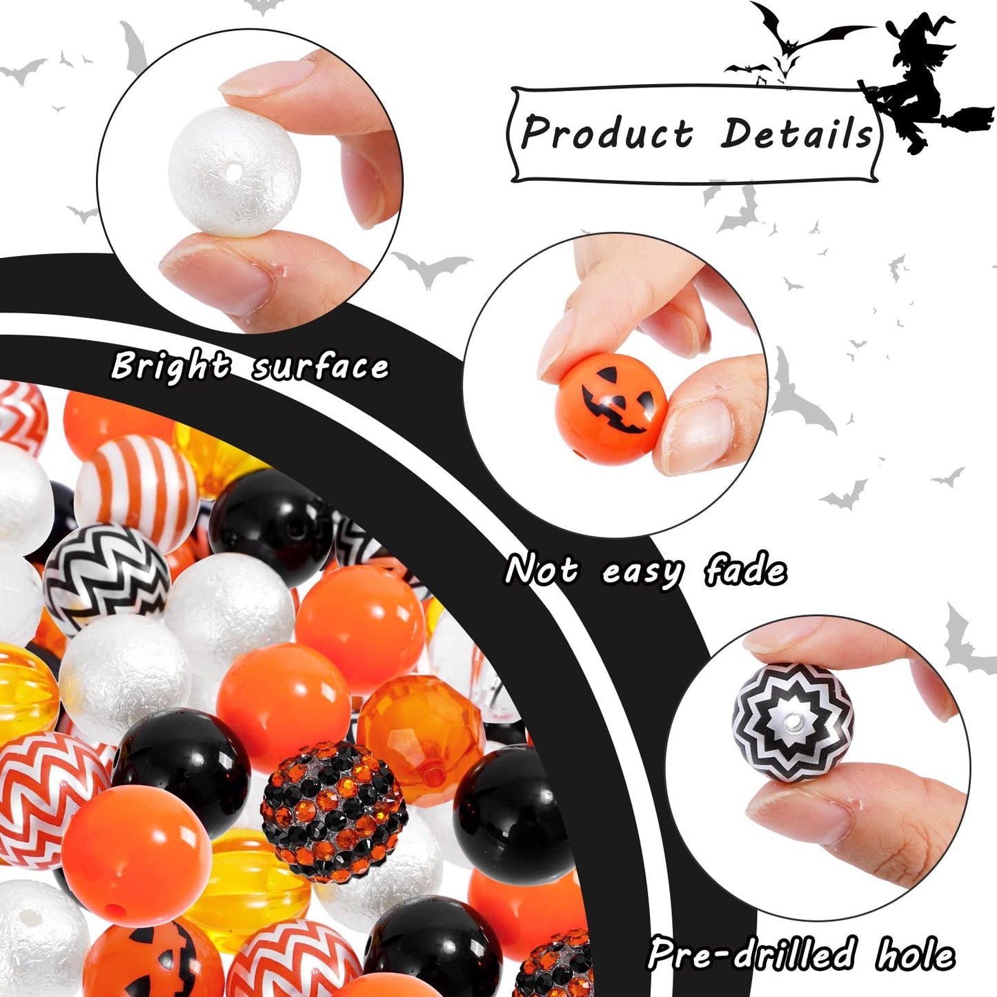 Whaline 50Pcs 20mm Halloween Beads Mixed Bubblegum Beads Set Jack-O-Lantern Spacer Bead Black Orange Chunky Jumbo Plastic Bead for Holiday Crafts Jewelry Making Boutique Craft Supplies