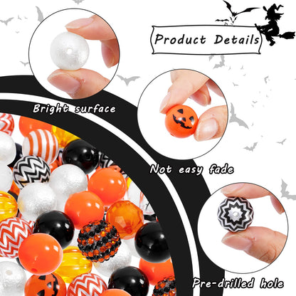 Whaline 50Pcs 20mm Halloween Beads Mixed Bubblegum Beads Set Jack-O-Lantern Spacer Bead Black Orange Chunky Jumbo Plastic Bead for Holiday Crafts Jewelry Making Boutique Craft Supplies