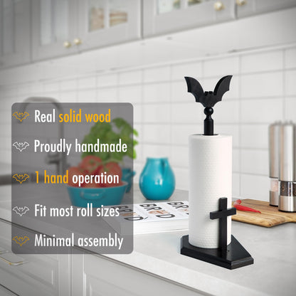 Kihomi Bat Paper Towel Holder with Suction Cups - Black Wooden Coffin Paper Roll Holder, Gothic Kitchen and Bathroom Accessory, Halloween Decor, Spooky Rustic Table and Witchy Gifts for Women (Bat)