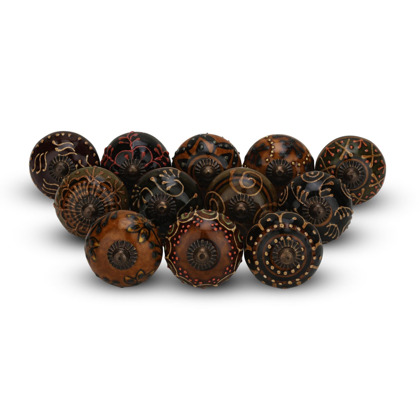 FURNISHFUL FINESSE Dresser Knobs for Cabinets and Drawers Assorted, Dusty Ceramic Knob & Pull Handle for Kitchen Brown Cupboard Wardrobe Decorative Furniture Knobs - Pack of 12, (Dark Brown)