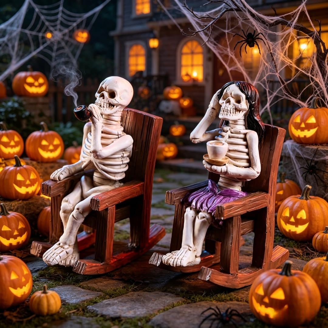 A Pair of Couple Skeletons Enjoying Leisure Time on Rocking Chairs, Perfect for Romantic Afternoon Tea Decor, Suitable for Garden, Terrace, and Other Tabletop Ornaments for Halloween Decorations